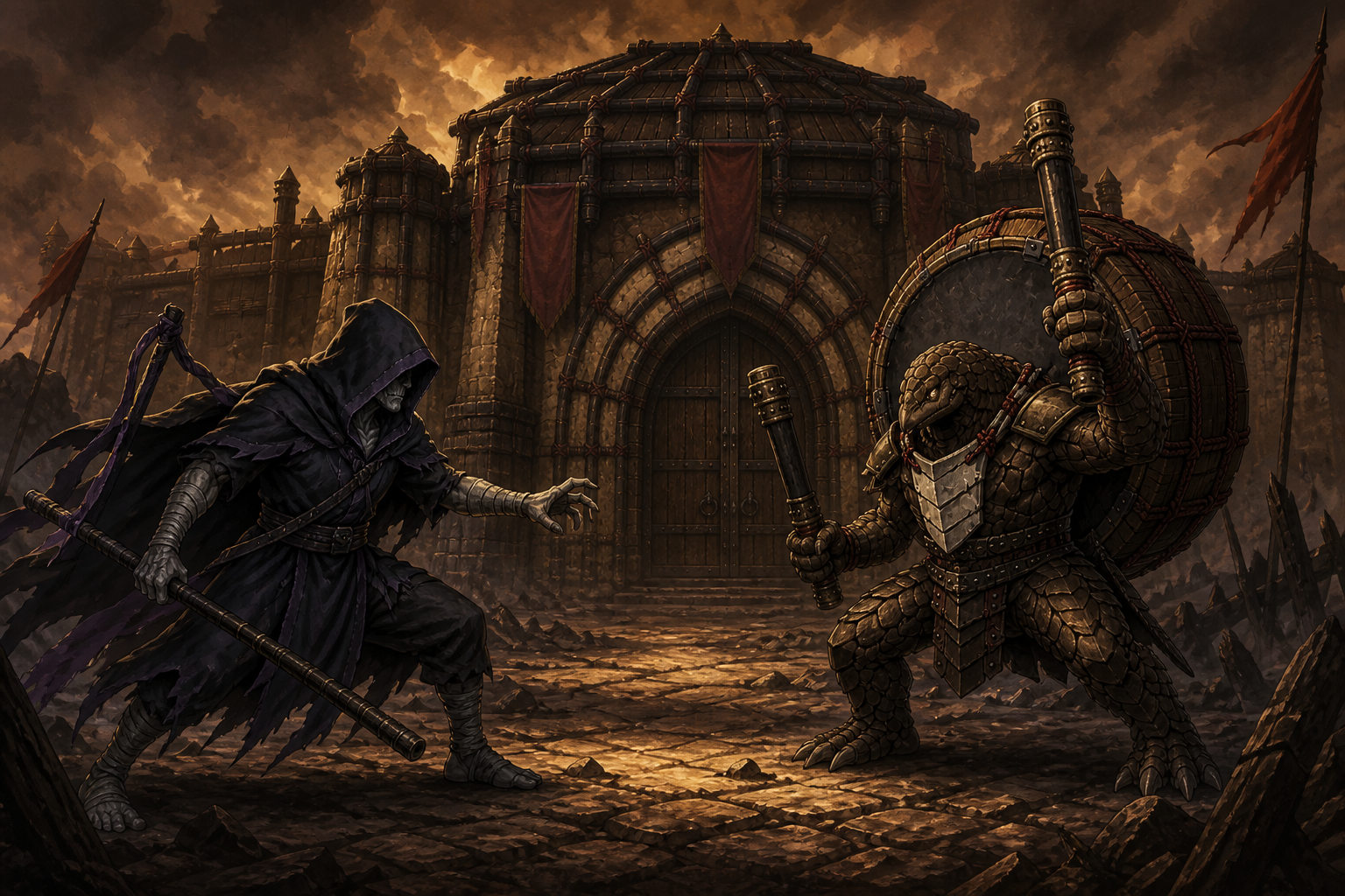 Shenegami and Hoko face off at Drumshell Bastion