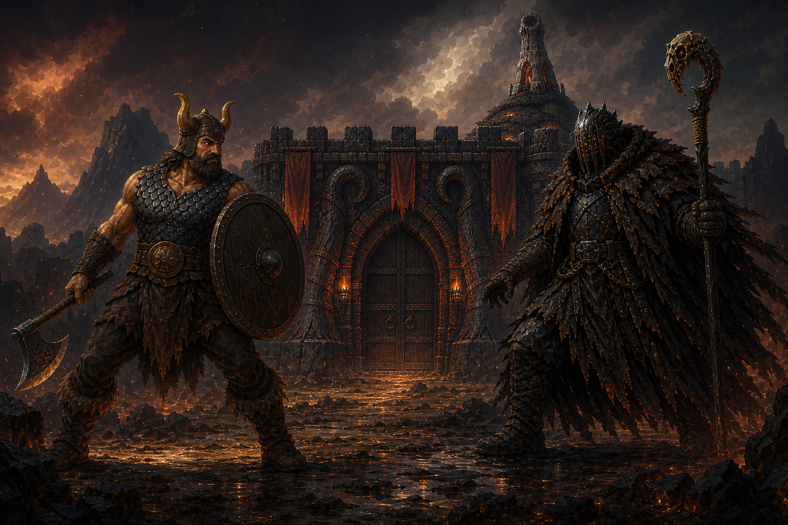Two warriors face each other before a firelit mountain hold